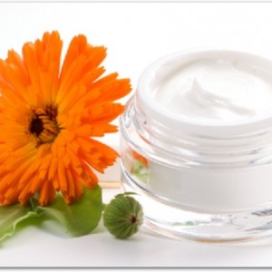 Closeup of jar of moisturizing face cream and fresh marigold flower